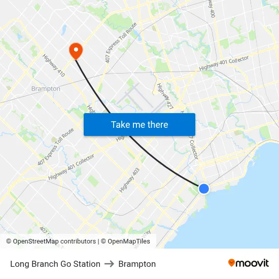 Long Branch Go Station to Brampton map