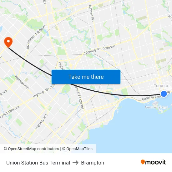 Union Station Bus Terminal to Brampton map