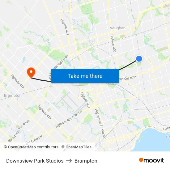 Downsview Park Studios to Brampton map