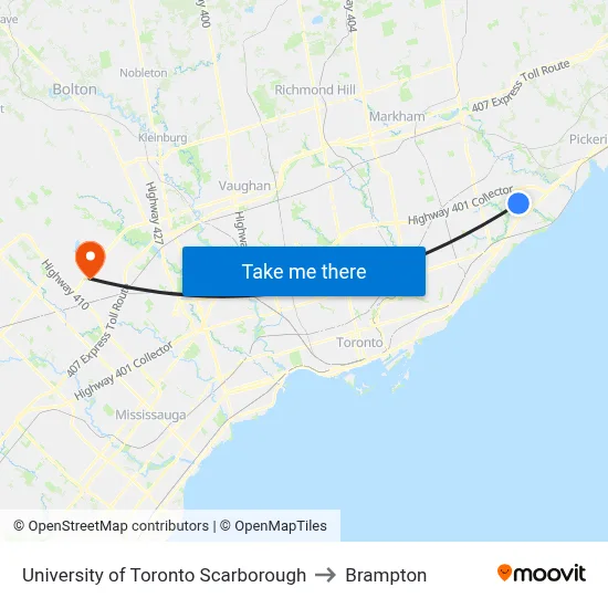 University of Toronto Scarborough to Brampton map
