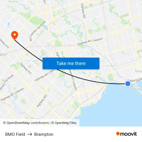 BMO Field to Brampton map