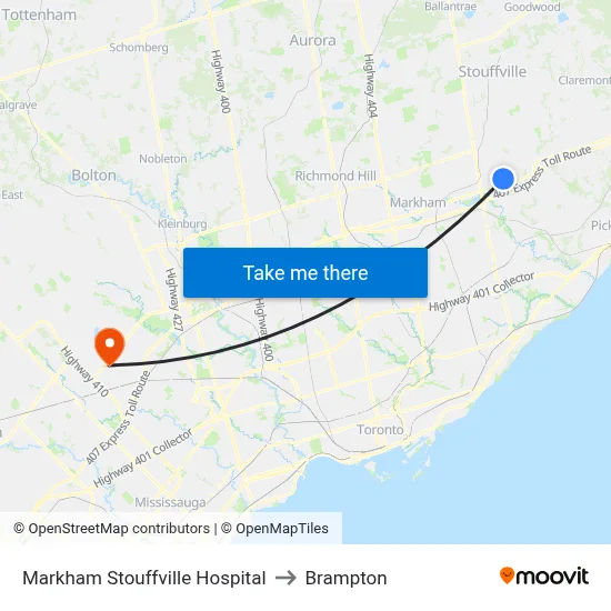Markham Stouffville Hospital to Brampton map