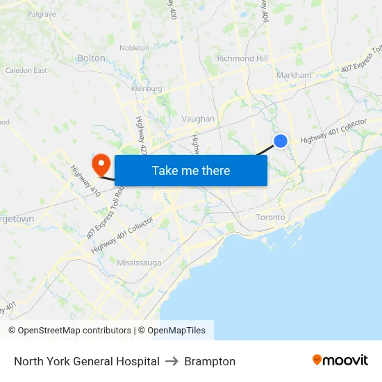 North York General Hospital to Brampton map