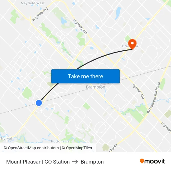 Mount Pleasant GO Station to Brampton map