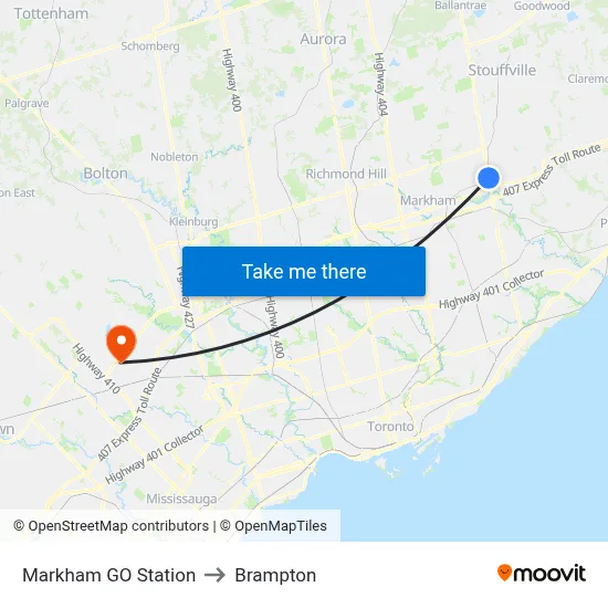 Markham GO Station to Brampton map