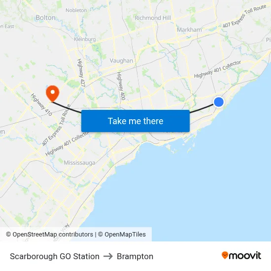 Scarborough GO Station to Brampton map