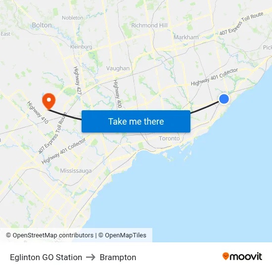 Eglinton GO Station to Brampton map