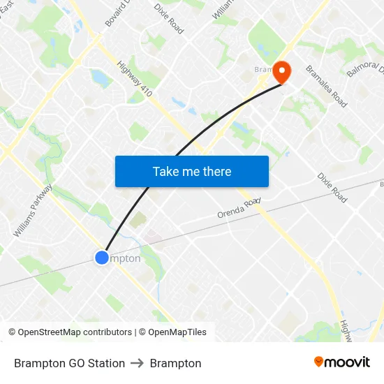 Brampton GO Station to Brampton map