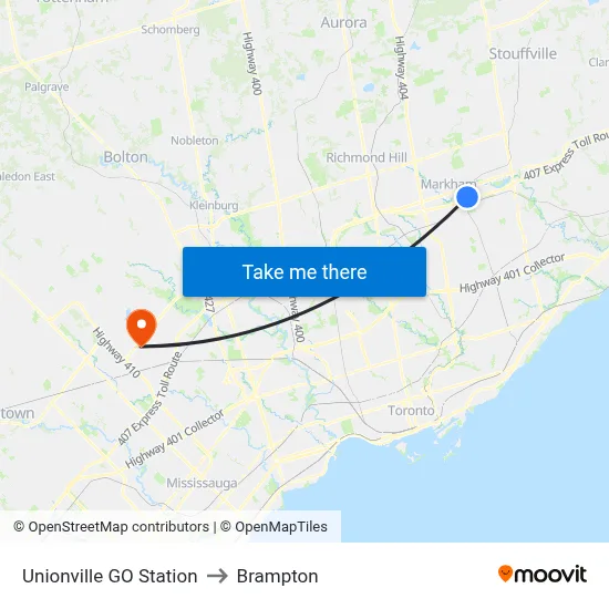 Unionville GO Station to Brampton map