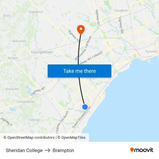 Sheridan College to Brampton map