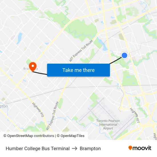 Humber College Bus Terminal to Brampton map