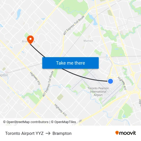 Toronto Airport YYZ to Brampton map