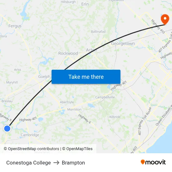 Conestoga College to Brampton map