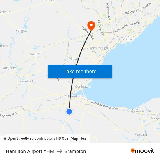 Hamilton Airport YHM to Brampton map