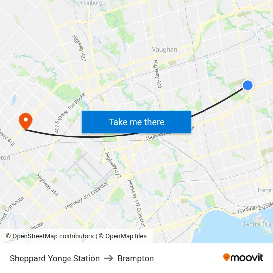Sheppard Yonge Station to Brampton map