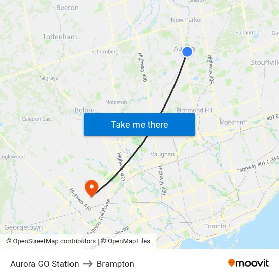 Aurora GO Station to Brampton map
