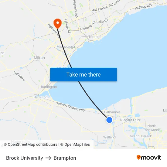 Brock University to Brampton map