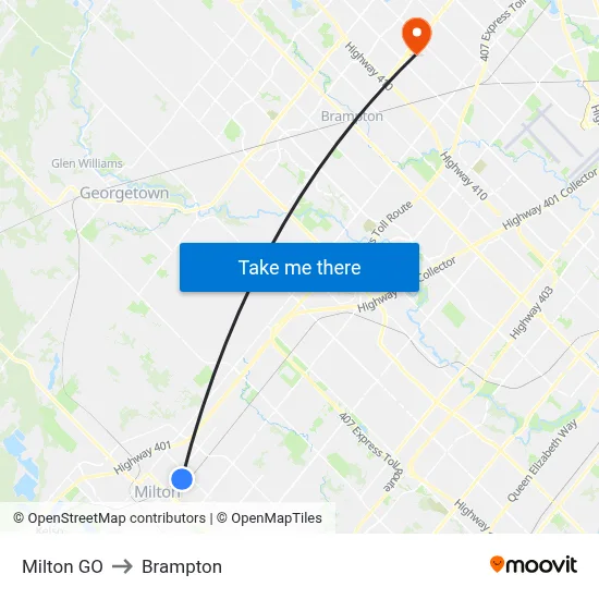Milton GO to Brampton map