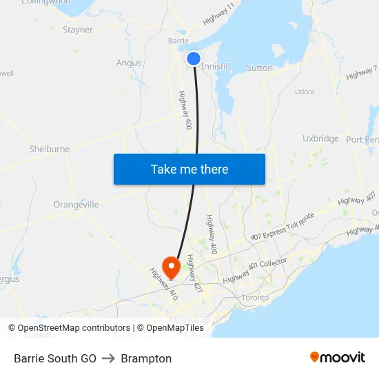 Barrie South GO to Brampton map