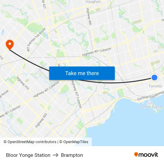 Bloor Yonge Station to Brampton map