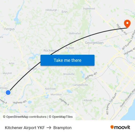 Kitchener Airport YKF to Brampton map