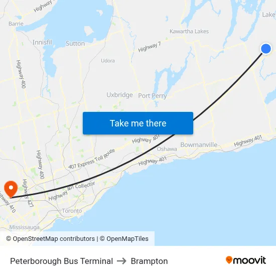 Peterborough Bus Terminal to Brampton map