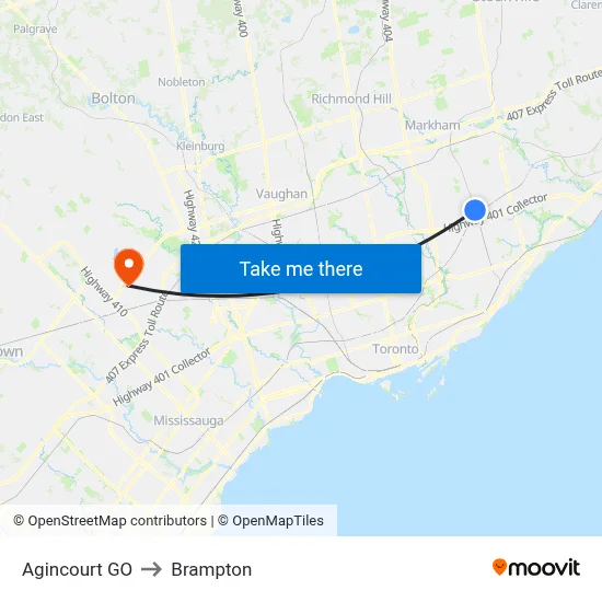 Agincourt GO to Brampton map
