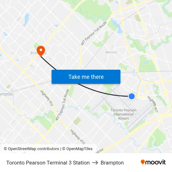 Toronto Pearson Terminal 3 Station to Brampton map