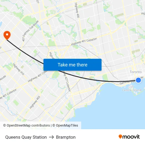 Queens Quay Station to Brampton map
