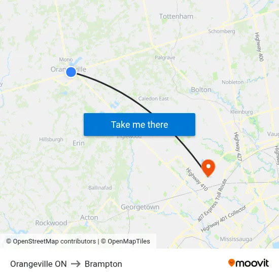 Orangeville ON to Brampton map