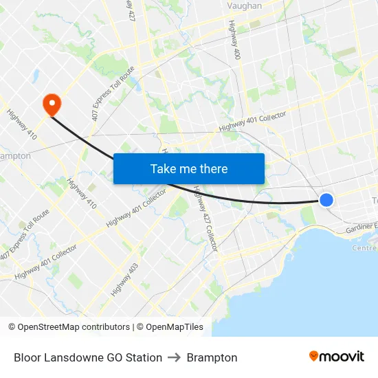 Bloor Lansdowne GO Station to Brampton map