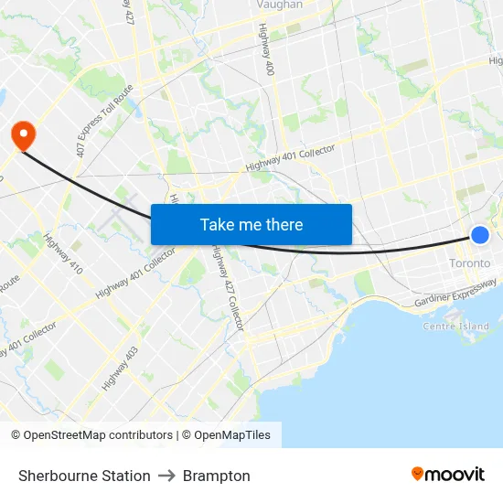 Sherbourne Station to Brampton map