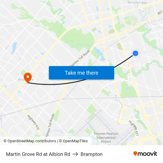Martin Grove Rd at Albion Rd to Brampton map