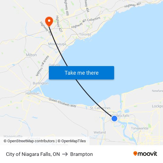 City of Niagara Falls, ON to Brampton map