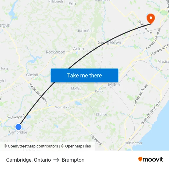 Cambridge, Ontario to Brampton map