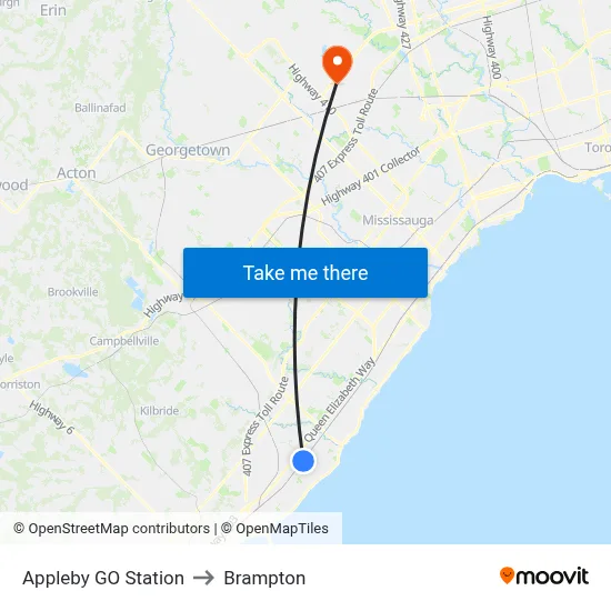 Appleby GO Station to Brampton map