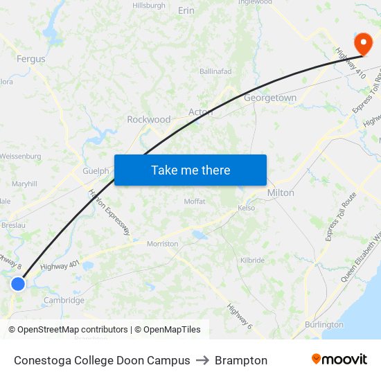 Conestoga College Doon Campus to Brampton map