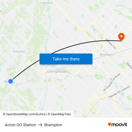 Acton GO Station to Brampton map