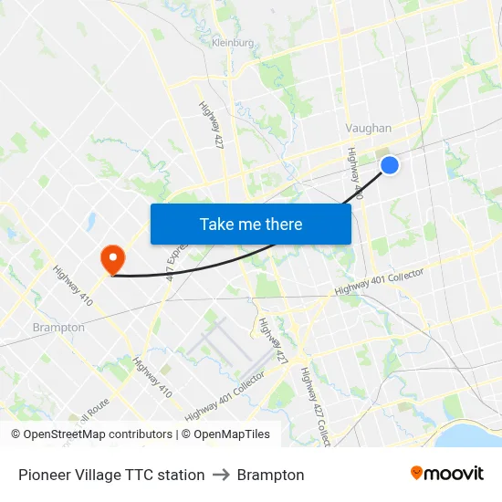 Pioneer Village TTC station to Brampton map