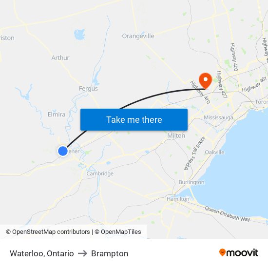 Waterloo, Ontario to Brampton map