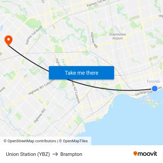 Union Station (YBZ) to Brampton map