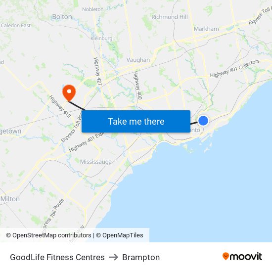 GoodLife Fitness Centres to Brampton map