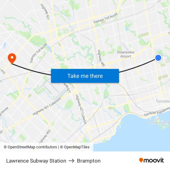 Lawrence Subway Station to Brampton map