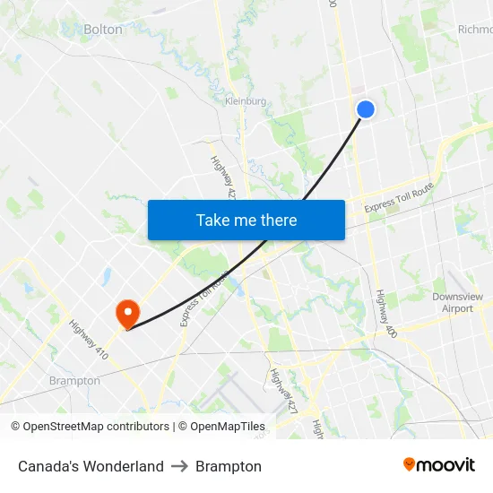Canada's Wonderland to Brampton map