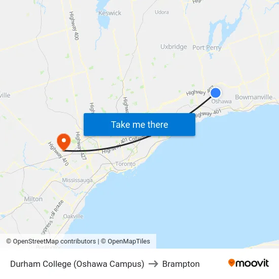 Durham College (Oshawa Campus) to Brampton map
