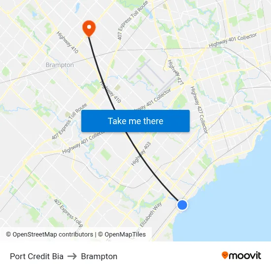 Port Credit Bia to Brampton map