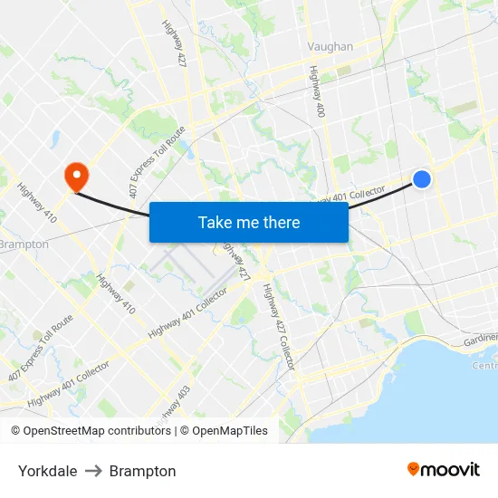 Yorkdale to Brampton map