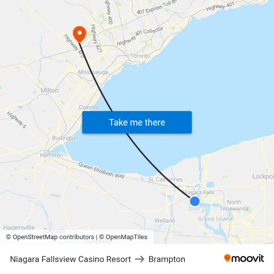 Niagara Fallsview Casino Resort to Brampton map