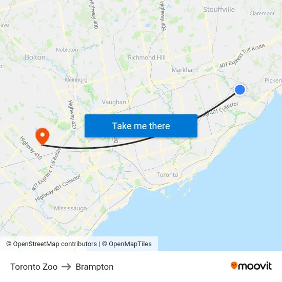 Toronto Zoo to Brampton map