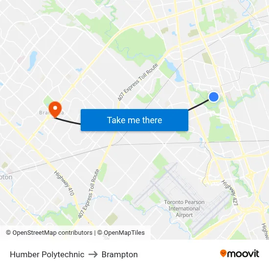 Humber Polytechnic to Brampton map